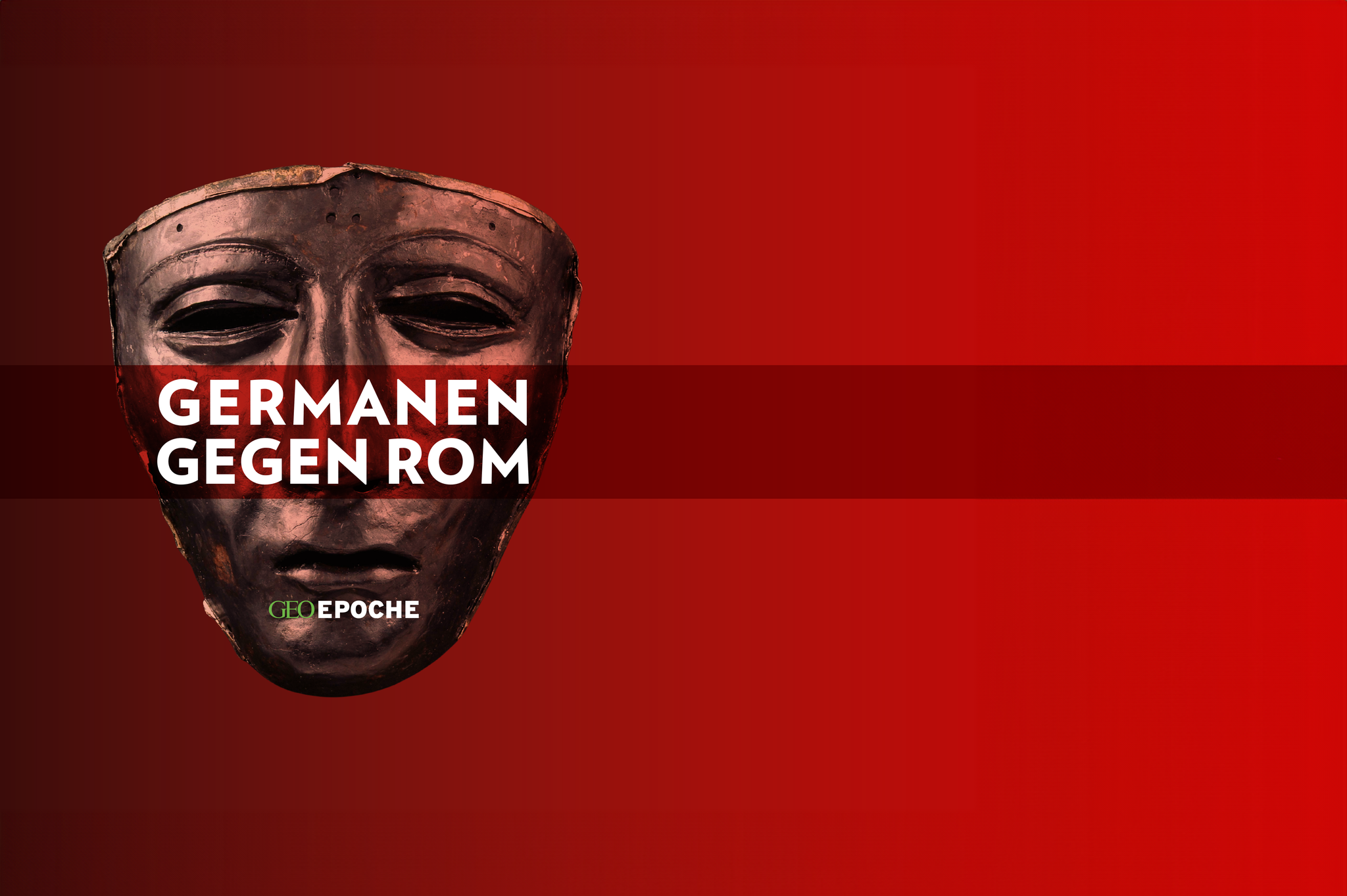 Römische Maske eines Gesichtshelms, darüber der Schriftzug 'Germanen gegen Rom'